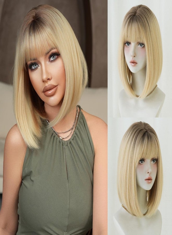 7JHH WIGS 7JHHWIGS 13in Blonde Bob Bangs Wigs Natural Mixed Blonde Heat Resistant Synthetic Fiber Women Wigs for Chrismas Daily Party Daily Used - Image 1